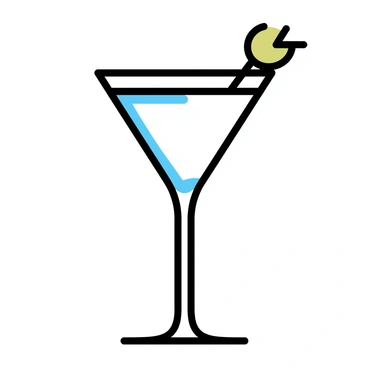 A classic martini glass, elegantly shaped with a wide bowl and a long stem, sits on a simple white surface. Inside the glass, clear liquid reflects light, and a single green olive is speared on a cocktail stick, resting against the side of the glass. The olive's vibrant green contrasts with the crystal clarity of the martini, creating a striking visual element.