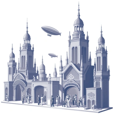 A cityscape filled with towering buildings showcasing intricate architectural details inspired by the steampunk genre. The structures feature prominent gears and pipes, emphasizing a mechanical design. Airships glide through the sky, their large envelopes floating gracefully between the buildings. The streets below are crowded with people dressed in Victorian-era attire, engaged in various activities. Some individuals are operating machinery, while others are interacting with each other. The overall atmosphere is lively, with a sense of movement and energy throughout the scene.