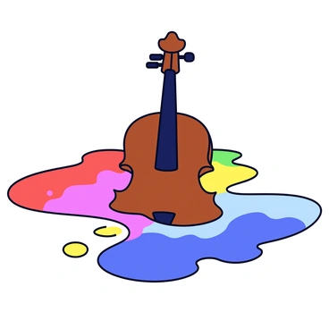 A wooden violin with a rich brown finish is positioned at the center of the image. The instrument is partially submerged in a vibrant puddle of paint, which features bright colors such as red, blue, yellow, and green. The paint appears to be dripping down from the violin, creating a surreal effect. The puddle of paint spreads outward in a fluid, organic shape, with splashes of color splattered around the edges. The contrast between the smooth surface of the violin and the chaotic colors of the paint enhances the visual impact.