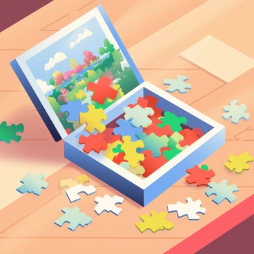 A jigsaw puzzle box with pieces spilling out, some partially joined together