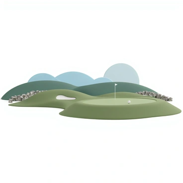 A traditional links-style golf hole, featuring a smooth, manicured grass surface with vibrant green hues. The landscape showcases rolling green hills, gently sloping and seamlessly flowing into one another. Ancient stone walls, weathered and covered in patches of moss, line the edges of the course. In the background, a clear blue sky is visible, providing a beautiful contrast against the lush greenery of the hills. A small flag is positioned at the hole, fluttering slightly in the gentle breeze.
