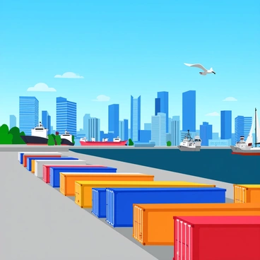 A panoramic view of a bustling port city skyline under a clear blue sky. Tall buildings with glass facades reflect sunlight, creating a sparkling effect. In the foreground, a row of brightly colored shipping containers stacked neatly, showcasing vibrant colors like red, blue, and yellow. The harbor is visible, with several ships docked at the wharf, and seagulls flying overhead. The scene captures the lively atmosphere of urban life alongside maritime activity.