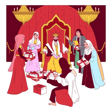 An opulent room with ornate golden chandeliers hanging from the ceiling. The walls are adorned with intricate patterns in deep red and white. In the center, there is a grand, richly decorated throne where the ruler sits, wearing a lavish robe and a crown. Surrounding the ruler, several elegantly dressed individuals are presenting gifts, including elaborate boxes wrapped in white and red ribbons. The atmosphere is filled with excitement as the attendees, showcasing a variety of colorful garments, smile and bow in respect towards the seated ruler.