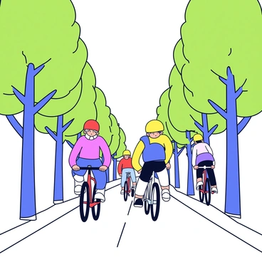 A group of cyclists riding on a narrow bike path. The path is flanked by tall green trees, their leaves reaching towards the sky. The cyclists wear bright helmets, and their bicycles are in various colors, such as red, blue, and yellow. Sunlight filters through the tree branches, casting dappled shadows on the ground. A gentle breeze rustles the leaves, creating a lively outdoor atmosphere.
