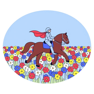 A sprawling field of colorful flowers with red, yellow, and blue blooms. The flowers stretch across the landscape, creating a vibrant patchwork. Above the field, a bright blue sky is clear and cloudless. In the midst of this scenery, a lone knight rides on a majestic horse. The knight is clad in shining armor, with a flowing cape that flutters in the breeze. The horse has a glossy mane and seems to move gracefully through the flowers.