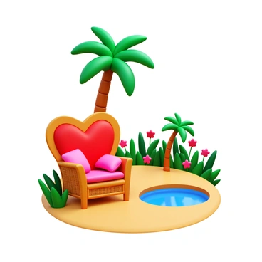A love chair with a heart-shaped design, made of woven wicker, positioned comfortably under a tall palm tree. The chair is adorned with soft, plush cushions in shades of red and pink. Surrounding the chair are lush green plants and vibrant flowers, contrasting with the sandy beige of the desert floor. In the background, a small, clear oasis reflects the blue sky, adding a serene ambiance to the scene.