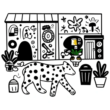 An ocelot with distinctive black and brown spots prowling through an urban landscape. The animal is positioned near a colorful wall covered in vibrant street art, with graffiti and murals showcasing various designs and patterns. Trash cans and bicycles are scattered around, and a few potted plants provide contrasting greenery in the concrete setting. The ocelot's fur mimics the intricate patterns of the artwork, allowing it to seamlessly blend into its surroundings.