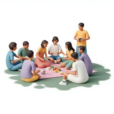 A picnic scene set in a green park, with a large checkered picnic blanket spread out on the grass. Eight friends are gathered around the blanket, with seven of them actively sharing food. The first friend, wearing a blue shirt and jeans, is offering a sandwich to the second friend, who is wearing a red dress. The third friend, in a yellow shirt, is holding a fruit bowl and sharing it with the fourth friend, dressed in a green tank top. The fifth friend, wearing a purple shirt, is pouring drinks for the sixth friend, who is in a white shirt and shorts. The seventh friend, wearing an orange t-shirt, is laughing as they take a cookie from the pile on the blanket. The eighth friend, standing slightly apart, is smiling at the scene while holding a camera, capturing the joyful moment. Sunlight filters through the trees, creating a warm atmosphere.