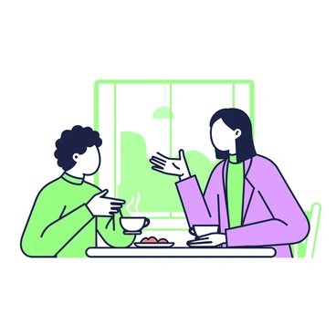 Two friends are seated at a small round table in a cozy café, engaged in a deep conversation over coffee. One friend has curly hair and is wearing a green sweater, while the other has straight hair and is dressed in a purple jacket. Each has a steaming cup of coffee in front of them. The friend in the green sweater leans slightly forward, with an empathetic expression, as they listen intently. The friend in the purple jacket gestures with their hands while speaking, conveying their thoughts with enthusiasm. A small plate with two pastries sits in the center of the table, adding to the inviting atmosphere. The background features a window with soft light filtering through, creating an intimate setting for their discussion.