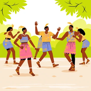 A vibrant scene depicting a traditional African tribal dance. There are several dancers in bright, colorful attire made of patterned fabrics. The dancers are performing lively movements, showcasing their energy and enthusiasm. Some dancers are adorned with beaded jewelry and feathered headdresses, adding to the vividness of their costumes. The background features lush greenery, with sunlight filtering through the trees, creating a warm, cheerful atmosphere. The ground is decorated with tribal patterns, enhancing the cultural significance of the dance.