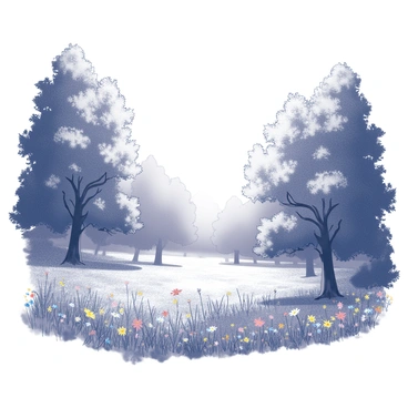 The edge of a dense forest with tall trees and thick foliage. The forest canopy is lush, casting dappled shadows on the ground. As the trees begin to thin out, there is an opening that leads into a sunny meadow. The meadow is expansive and filled with a variety of flowers, some tall and others low-lying, creating a diverse landscape. The sun is shining brightly, illuminating the vibrant colors of the flowers and casting a warm glow over the scene.