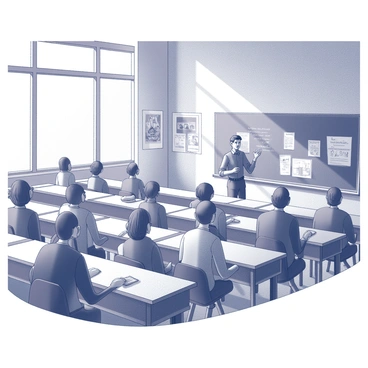 A classroom with wooden desks arranged in rows, filled with students attentively listening. The walls are adorned with various posters depicting scenes and characters from classic animations. A professor stands at the front, engaging the students with a lecture on animation history, gesturing animatedly. The professor is surrounded by a chalkboard filled with notes and drawings related to different animation techniques. Sunlight streams through large windows, illuminating the room and creating a focused atmosphere for learning.