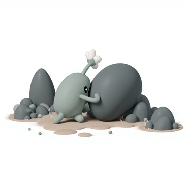 A Rock Pikmin, with a round gray body and a small flower on its head, is energetically pushing a large, dark gray boulder. The Pikmin is using both hands to apply pressure against the boulder as it leans forward. The terrain surrounding them is rugged and rocky, with various sizes of stones scattered around. The ground is uneven, showcasing patches of dirt and small pebbles. The background features more rocks and boulders, creating a sense of a challenging environment. The Pikmin's expression conveys determination as it strives to clear a path.
