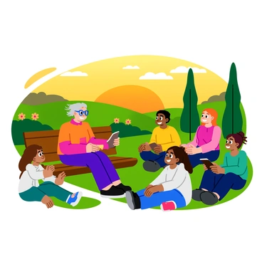 An elderly person with silver hair and glasses sits on a wooden bench in a vibrant park. The person is wearing a cozy, colorful sweater and smiles warmly while sharing stories. Surrounding them are several children of diverse backgrounds, sitting cross-legged and gazing up attentively. Each child has a look of wonder on their face, captivated by the tales being told. The setting sun casts a warm glow over the scene, highlighting the joy and connection between generations. In the background, there are blooming flowers and tall trees swaying gently in the breeze.