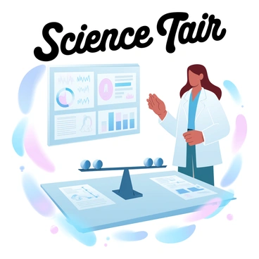 A student proudly presenting their science fair project using a triple beam balance