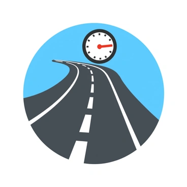 A logo featuring a dark gray highway with bold dashed white lines running down the center. The highway curves gently to suggest motion and speed. Above the highway, there is a circular speedometer prominently displayed, with a bright red needle pointing towards the maximum speed. The background is a clean blue to contrast with the highway and speedometer, emphasizing the theme of speed and travel. The overall design is symmetrical and balanced, conveying a sense of direction and movement.