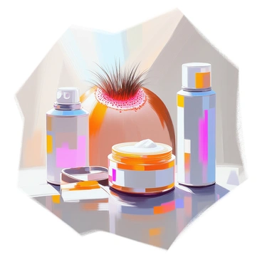 A close-up depiction of a single hair follicle embedded in the scalp, showcasing its structure with tiny, delicate details. The follicle is surrounded by various hair styling products, including a tub of gel and an aerosol can of mousse, each labeled clearly. The gel has a thick, shiny texture, and the mousse is depicted with a frothy top, signifying its light, airy consistency. Sunlight is filtering through, highlighting the textures of the products and the intricate details of the hair follicle above.