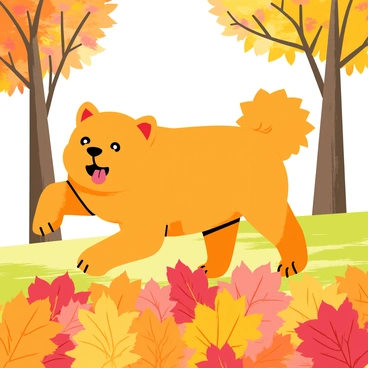A fluffy chow chow with a thick, orange-brown coat is playfully frolicking through a vibrant pile of autumn leaves in a park. The leaves are a mix of red, orange, and yellow, creating a colorful carpet on the ground. Sunlight filters through the trees, casting dappled shadows on the grass. The chow chow has its mouth open in a joyful expression, with its tongue hanging out. In the background, there are tall trees with branches adorned with colorful leaves, adding to the autumn atmosphere.