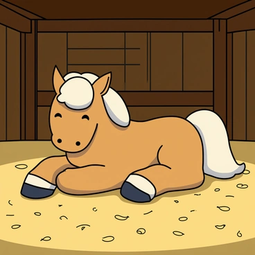 A small, fluffy pony with a light brown coat and a white mane is lying down in a cozy stable. The stable is dimly lit with warm, soft lighting that creates a gentle atmosphere. Surrounding the pony, there are piles of golden hay scattered across the floor. The pony's eyes are closed, and it has a relaxed expression, adding to the peaceful scene. Wooden beams and a rustic fence are visible in the background, enhancing the stable's charm.