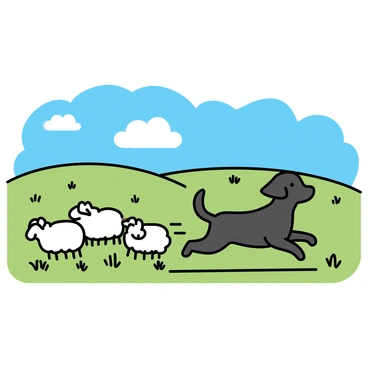 A black Labrador, with a shiny coat, is running energetically behind a flock of fluffy white sheep. The sheep are scattered across a lush, green grassy field. The sky above is clear and blue, with a few fluffy clouds. In the background, there are gentle hills, adding depth to the landscape. The Labrador's tail is wagging, and its ears are perked up, showing its excitement. Some wildflowers are blooming among the grass, adding small splashes of color to the scene.