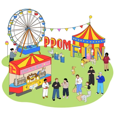 A vibrant carnival scene filled with excitement and activity. Colorful rides in the shape of letters and words are scattered throughout the area. There is a large, spinning Ferris wheel that resembles the letter "O" with bright lights flashing around it. Nearby, a carousel shaped like the word "FUN" features whimsical animals like horses and unicorns. Game booths are designed as oversized letters, each displaying various prizes. Children and adults are interacting cheerfully, with some trying to win stuffed animals and others enjoying cotton candy. Colorful flags and balloons decorate the sky, enhancing the festive atmosphere.