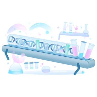 A conveyor belt is transporting strands of DNA through a series of transparent tubes. Each section of the conveyor belt features distinct stages of synthesis, with colorful liquids flowing through the tubes. Labeled markers indicate various processes, such as "Replication," "Transcription," and "Translation." Surrounding the conveyor belt are laboratory equipment and colorful reagents in glass vials, creating an organized yet dynamic environment.