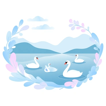 A lake with calm water reflects the surrounding landscape. Several elegant swans are gliding smoothly across the surface of the water. The shoreline is adorned with intricately designed art nouveau foliage, featuring flowing lines and stylized leaves. The scene is filled with gradient pastel colors, enhancing the peaceful atmosphere. In the background, gentle hills can be seen, creating a sense of tranquility in the composition.