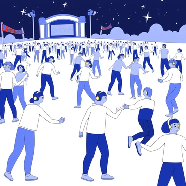 A scene depicting a music festival with numerous attendees enjoying the event. Each individual is wearing themed headphones, showcasing various designs. The crowd is lively, with people dancing and interacting. In the background, there is a large stage with speakers and lights. Above the scene, there is a starry sky, filled with shining stars, creating a sense of atmosphere and excitement. The festival grounds are dotted with colorful flags and banners, adding to the festive ambiance.