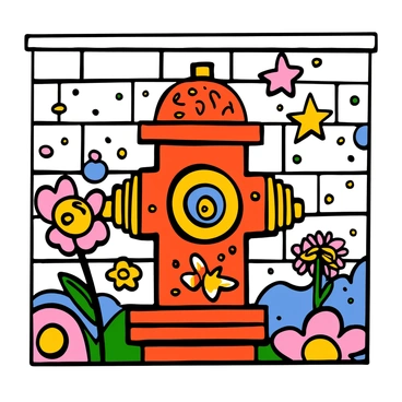 A vibrant street art mural on a brick wall, showcasing a creatively painted fire hydrant. The fire hydrant is a bright red color, adorned with colorful graffiti patterns, including swirls of blue, yellow, and green. Surrounding the fire hydrant are various artistic elements such as flowers, stars, and abstract shapes, all contributing to a lively urban scene. The background of the mural features splashes of color, enhancing the overall vibrant and energetic atmosphere of the street art.