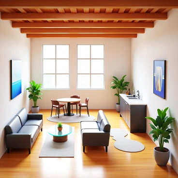 A spacious loft apartment with exposed beams and modern furnishings