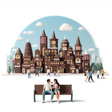 A bustling cityscape filled with buildings that are constructed from "KitKat" bars, showcasing a variety of architectural styles. The buildings have layers of chocolate and wafer, with some featuring balconies made of stacked "KitKat" pieces. People walk along the streets, some stopping to admire the unique structures while others are enjoying "KitKat" bars. The sky is bright blue, and there are clouds gently floating above the sweet city. In the foreground, a large "KitKat" bar serves as a park bench where a couple sits, sharing a chocolate bar together.