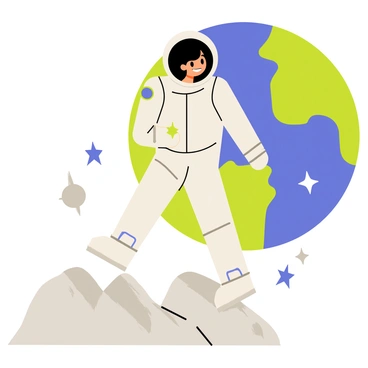 A 3D cartoon astronaut with a round helmet and a white spacesuit is stepping onto a gray, textured lunar surface. The astronaut has a cheerful expression and one foot raised as if just touching down. In the background, a vivid blue and green Earth is clearly visible in the sky, surrounded by a few scattered stars. The moon's surface features craters and dust, adding depth to the scene.