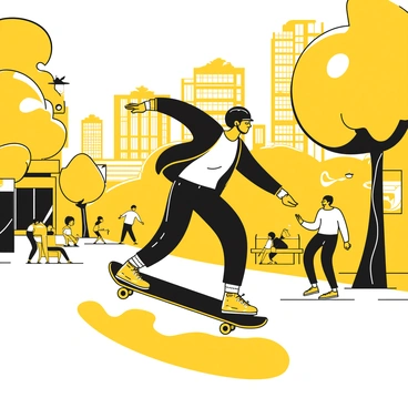 A person gliding smoothly on an electric skateboard down a city street. The individual is wearing a black helmet for safety, along with protective gear on their elbows and knees. They are dressed in a fitted black jacket and black pants, with bright yellow sneakers that stand out against the outfit. The skateboard is sleek and modern, with a shiny black finish. Surrounding the person, the city street is lined with tall buildings and trees, creating a lively urban atmosphere. Pedestrians are visible in the background, some walking and others sitting on benches, while traffic can be seen in the distance. The sky above is clear, contributing to a pleasant day for skating.