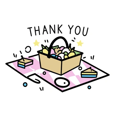 A thank you card featuring a picnic scene. In the center, there is a checkered blanket laid out on the grass. On the blanket, a woven basket is overflowing with fruits and snacks. Surrounding the basket, there are sandwiches arranged neatly, spelling out "Thank You." The sandwiches are made with various fillings, showcasing different colors and textures. A few picnic items like plates and drinks are scattered around the blanket, adding to the festive atmosphere.