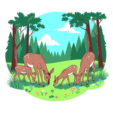 A group of four deer is grazing peacefully in a forest glade. The deer, two adults and two fawns, have soft brown fur with white spots. Tall green grass surrounds them, and patches of colorful wildflowers dot the landscape. Sunlight filters through the leaves of tall trees, casting dappled shadows on the ground. Above, the sky is bright blue, creating a vivid backdrop to the serene scene. The atmosphere is calm, with a gentle breeze rustling the leaves.