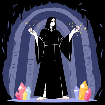 A dark sorcerer with a long flowing black robe stands in the center of a dimly lit cave. His pale face is partially obscured by a shadowy hood, casting an eerie glow. He holds a glittering "hand of glory" aloft, its fingers radiating a soft, flickering light. Around him, stone walls covered in ancient runes and glistening stalactites give an ominous feel. Wisps of colorful magic swirl around his other hand as he casts spells, illuminating the cave with bursts of vibrant colors. The ground is littered with glowing crystals that reflect the magical energy in the air.