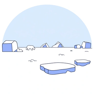 A stark arctic landscape with large, jagged icebergs scattered across the scene. The ground is covered in white snow, creating a vast, open expanse. In the distance, a polar bear stands on the ice, its white fur contrasting against the icy blue tones of the landscape. The sky is a pale blue, suggesting a cold, crisp atmosphere.