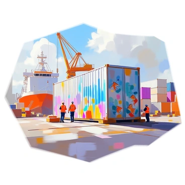 A giant mural painted on the side of a shipping container is displayed prominently at a busy shipyard. The mural features vibrant colors and intricate designs depicting marine life, including fish, coral, and waves, creating a lively atmosphere. The shipping container is surrounded by various industrial elements, such as large cranes, cargo ships, and stacks of containers, all contributing to the bustling environment of the shipyard. Workers in safety vests are seen nearby, engaged in their tasks, adding to the sense of activity in the scene. The sun casts shadows across the area, enhancing the details of the mural and the surrounding machinery.