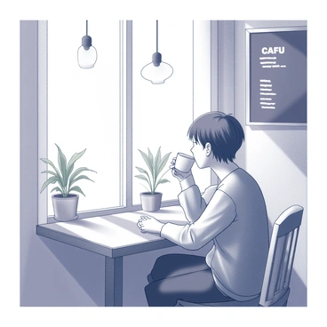 A small cafe interior featuring a cozy atmosphere. The focal point is a single person seated by a window. This person, a young adult with short hair, is holding a white coffee cup, gently sipping from it. Sunlight streams in through the window, casting a series of shadows across the wooden table. The background includes a few potted plants and a chalkboard menu hanging on the wall. The decor is minimalistic with a few simple hanging lights and wooden accents.