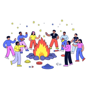 A group of people gathered around a large bonfire, celebrating Lohri. The bonfire is bright and crackling, with flames flickering upwards. People of various ages are dancing joyfully in a circle around the bonfire, some wearing traditional clothing. A few individuals are playing musical instruments, including a dhol, creating a lively atmosphere. The ground is scattered with colorful decorations and there are small piles of sugarcane and sesame seeds nearby, symbolizing the festival's harvest theme. The night sky above is clear, allowing stars to shine brightly.