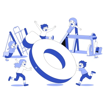 A group of children is playing on a playground with a large, bouncing "π" symbol. The symbol is floating above the ground, appearing inflatable and colorful, while the children are jumping and reaching towards it with smiles on their faces. Some children are laughing while others are running around, trying to catch the bouncing symbol. The playground features swings, slides, and climbing structures in the background, adding to the playful atmosphere. Bright sunlight casts shadows on the ground, highlighting the children's active movements.