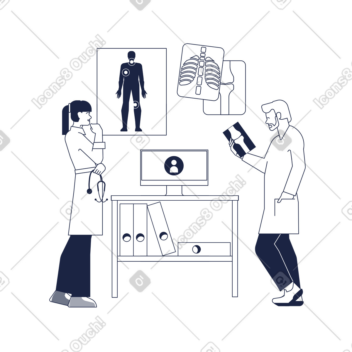 Illustration Médecins examinant des images radiographiques dans le style Urban Line à télécharger aux formats PNG, SVG