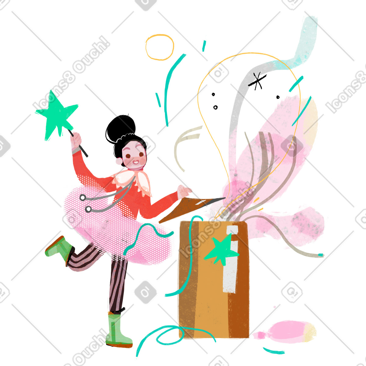 下载 Fabulous 风格的 Girl fairy opening cardboard box 插画，支持 PNG、SVG 格式