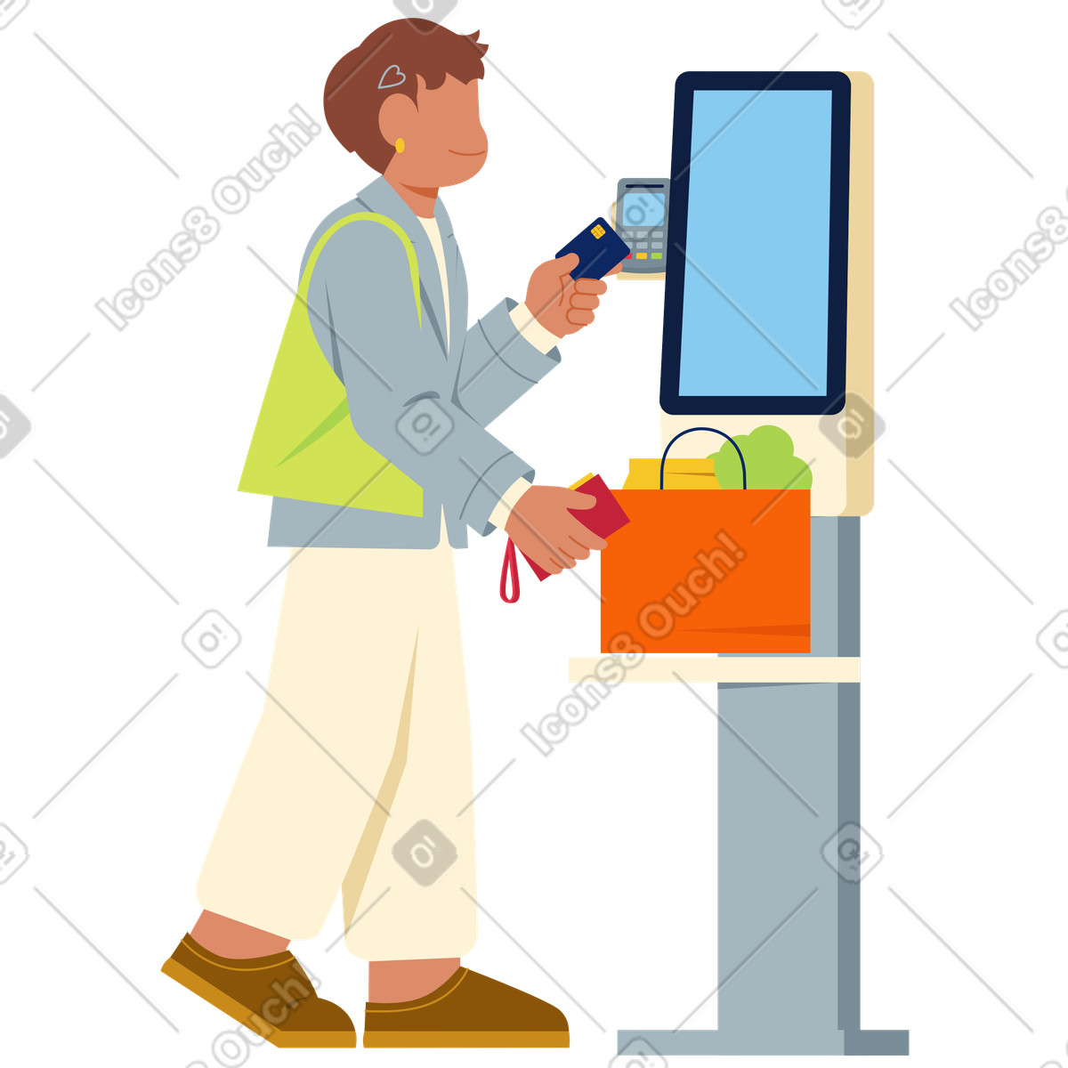 Donna che paga con carta alla cassa self-service illustrazione in stile Catchy scarica in PNG, SVG