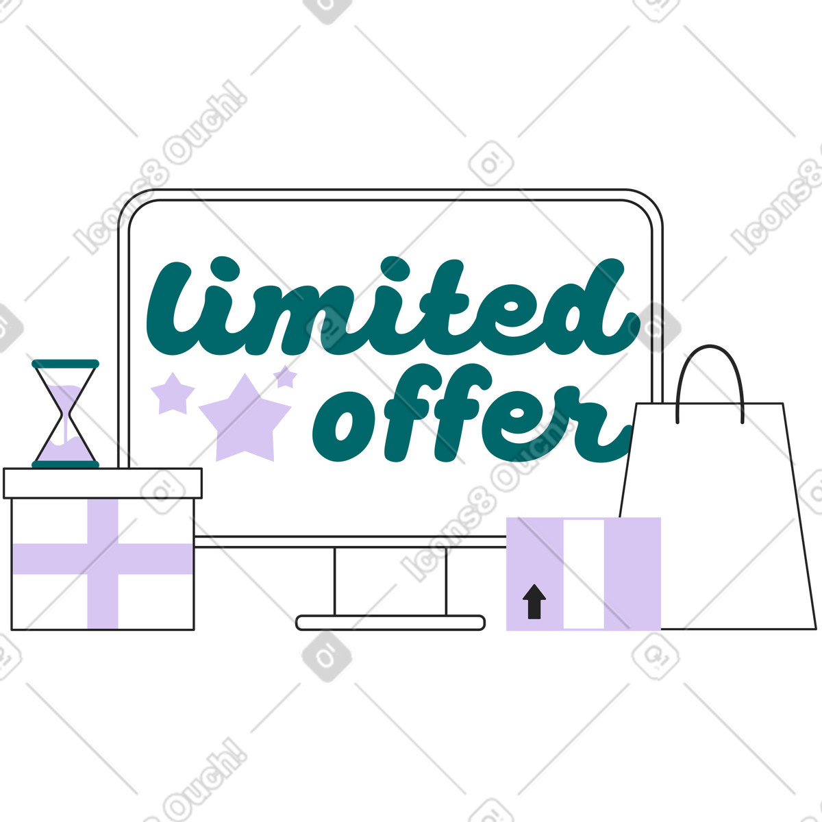 Ilustração de Computer screen with limited offer text, E-commerce promotion or special deal marketing em no estilo Sammy Line para baixar em PNG, SVG