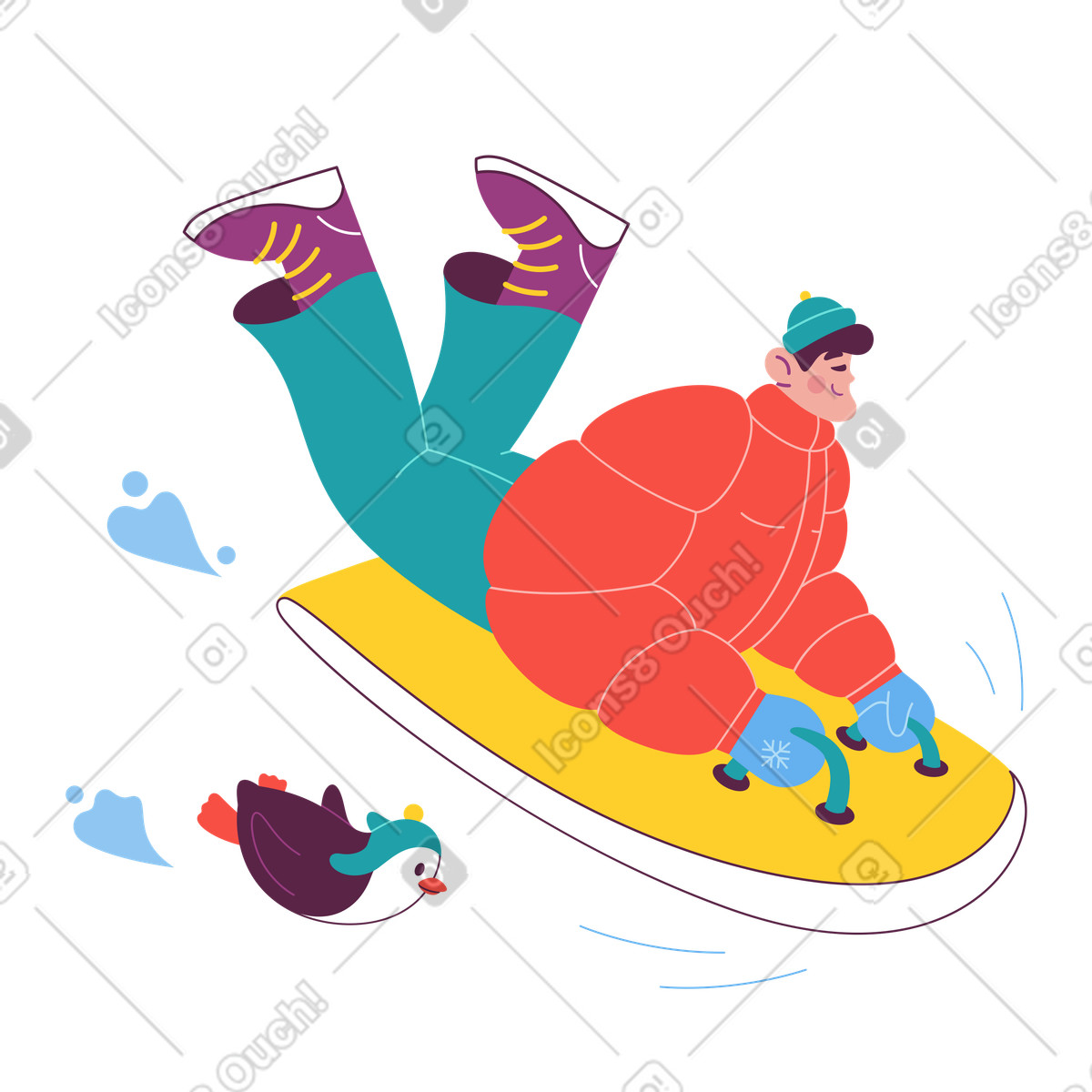 Sammy スタイルの ペンギンと一緒に冬のそりに乗る男性 のイラストをPNG、SVG形式でダウンロード