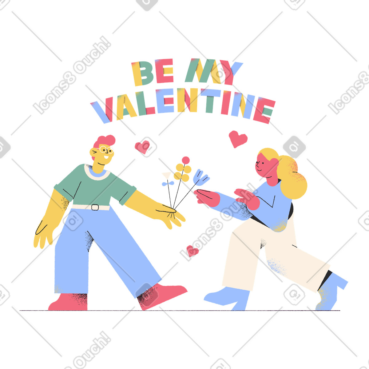 Ilustración Lettering be my valentine con un hombre que le da flores a una niña en estilo Pablo descargar en PNG y SVG