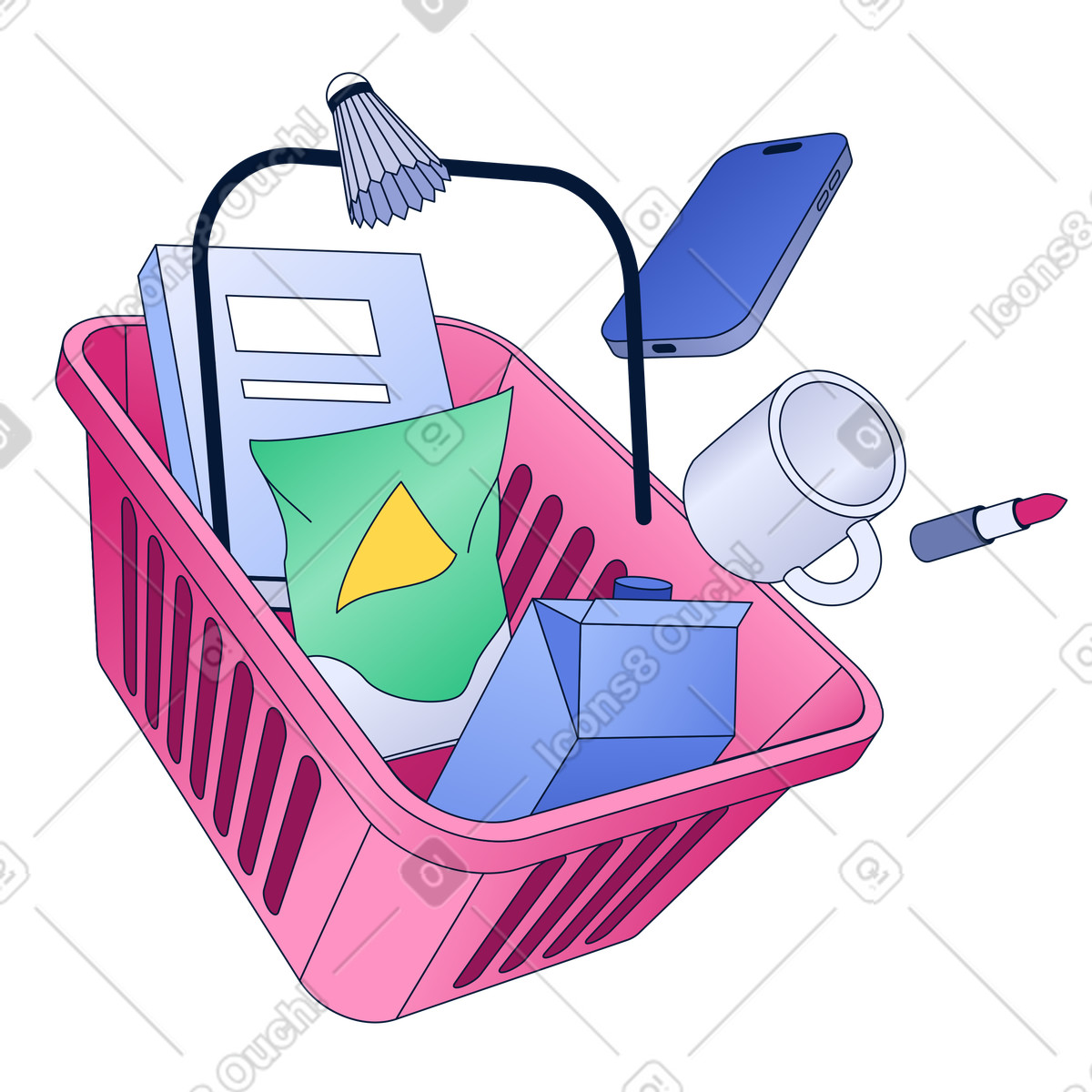 Shopping basket with various floating items illustration in Neat style download in PNG, SVG