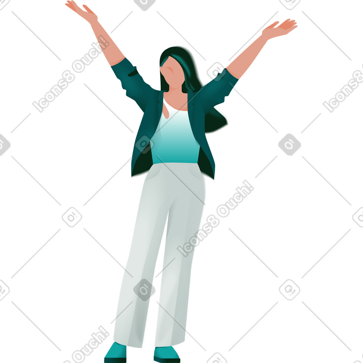 Ilustração de Mulher feliz com as mãos no ar em estilo Office para baixar em PNG, SVG