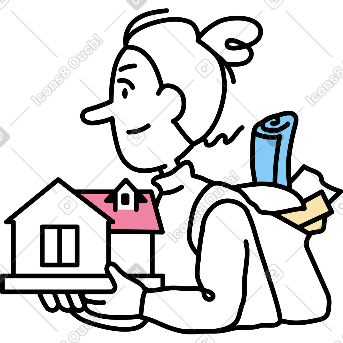 Female student carrying a model of house illustration in Notes style download in PNG, SVG